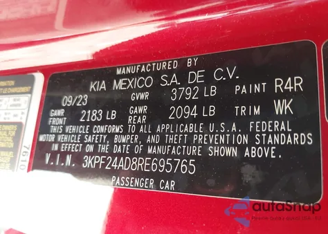 2024 Kia Forte Lxs from USA, damaged, VIN 3KPF24AD8RE695765